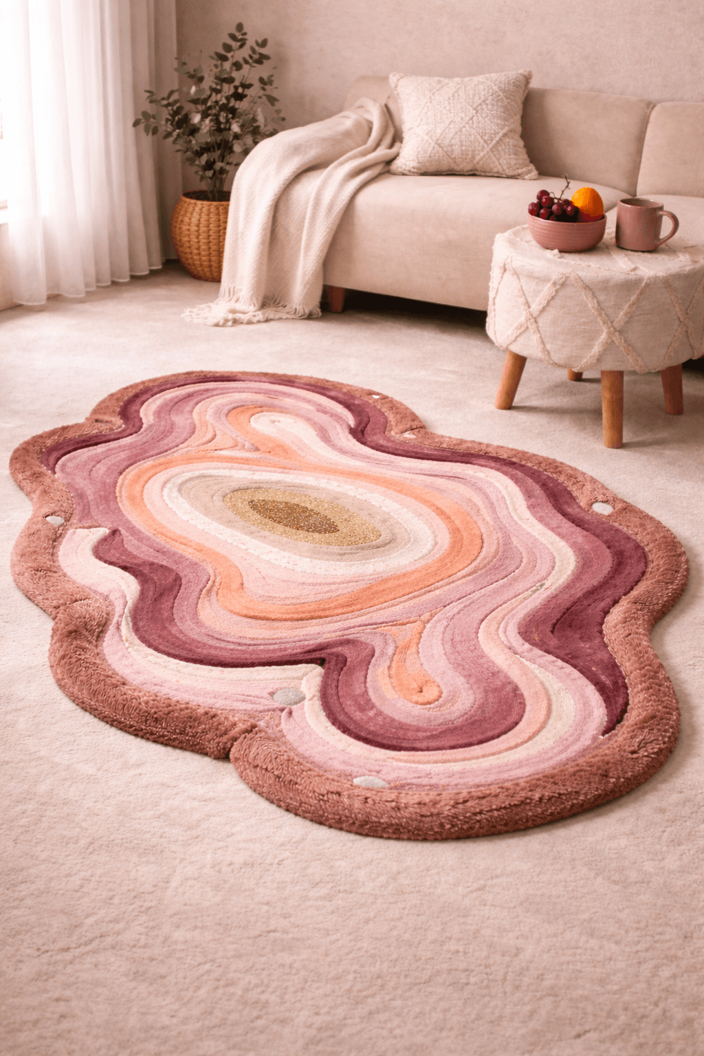 Cloudrest – Sculpted Wool Rug displayed in a cozy living room, showcasing its plush, contoured design in soft, neutral colors.